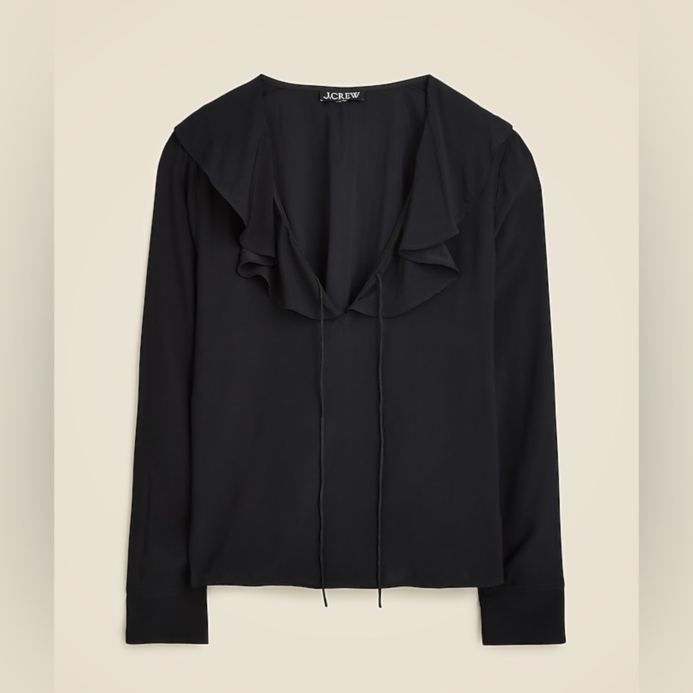 J. Crew Black Ruffle Tie Front Goldie top in satin